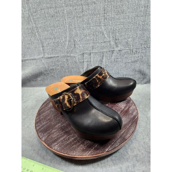 Baretraps Belita Black Leather Clogs With Leopard Print Strap & Buckle 8.5 - Picture 6 of 11